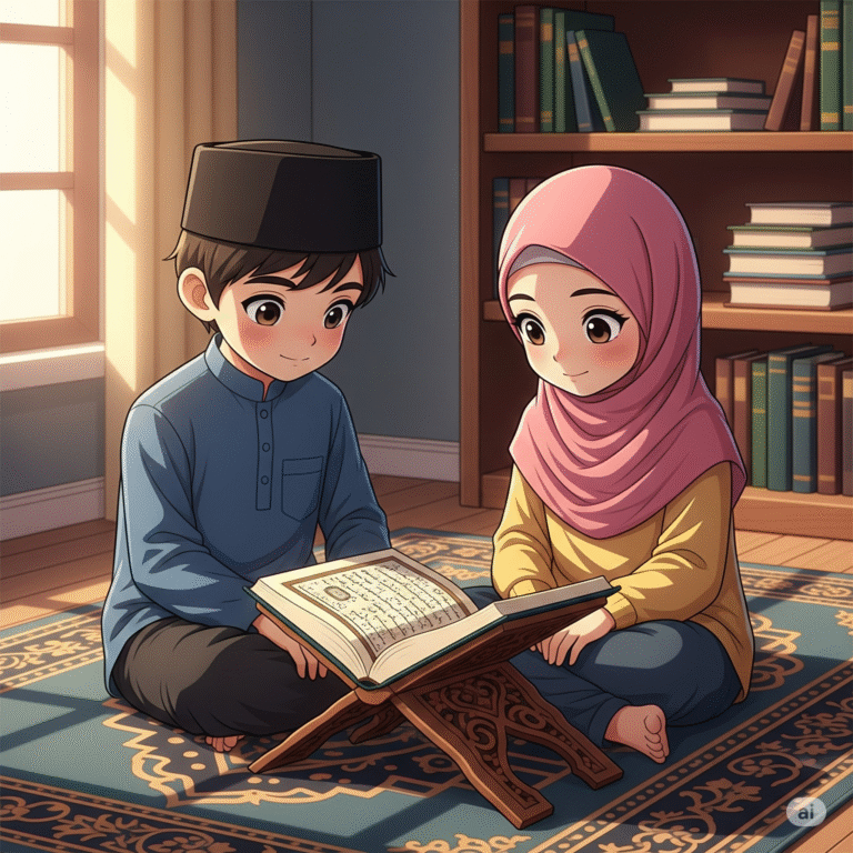 ilustrasi anak sedang membaca kitab Al-Qur'an