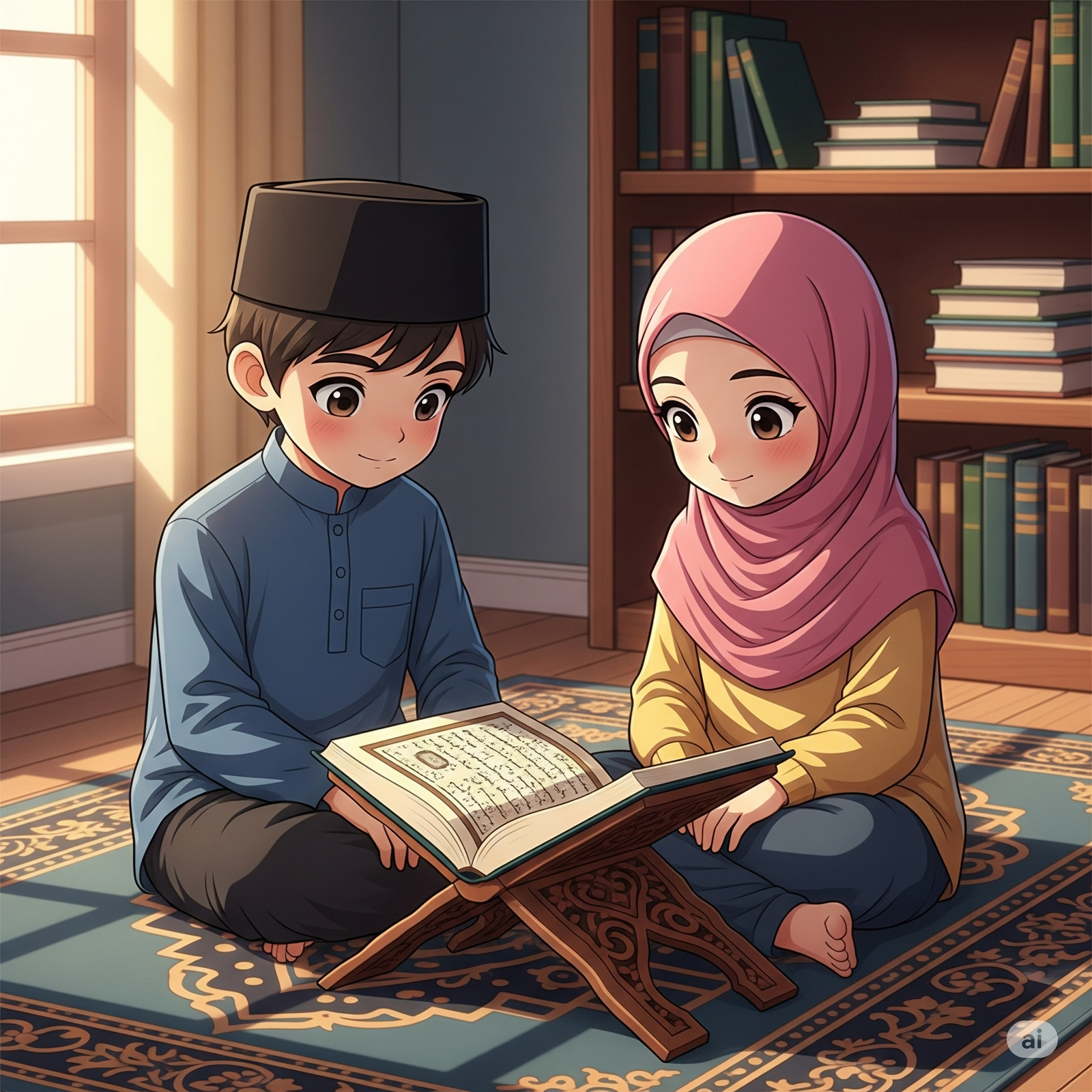 ilustrasi anak sedang membaca kitab Al-Qur'an